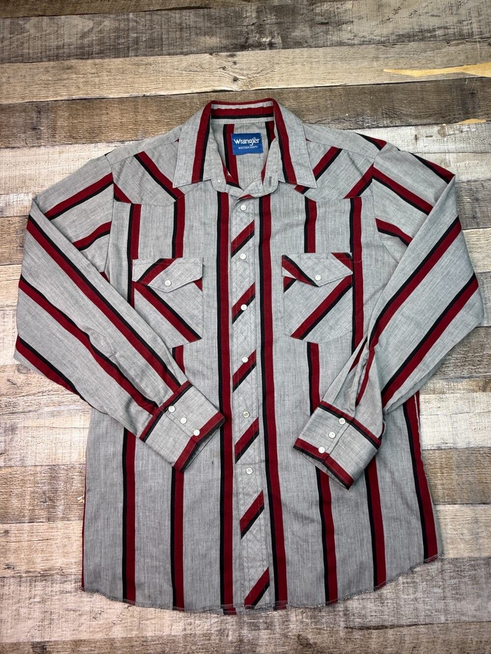 Vintage Wrangler Shirt Mens Gray Sz L Western Rancher Cowboy Striped Pearl Snap